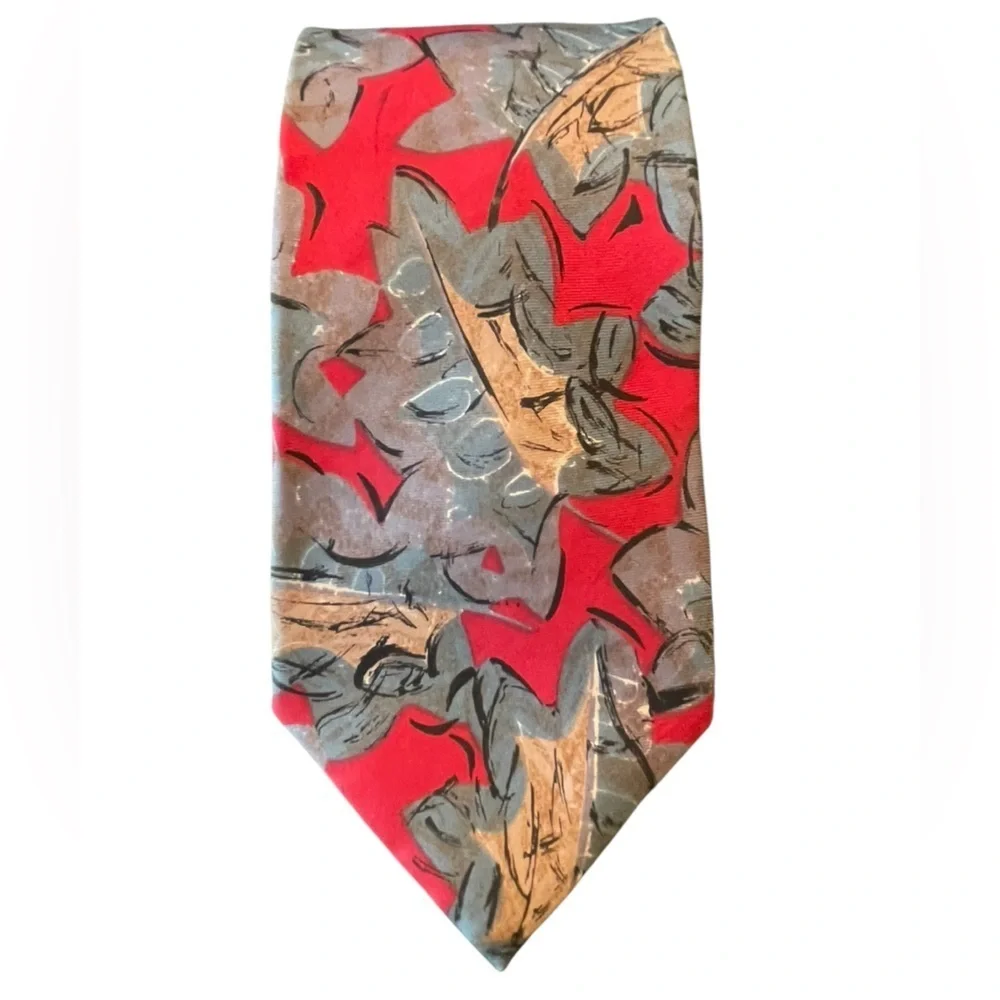 ❤️CHRISTIAN DIOR stylish vintage colorful men’s silk tie. Red. tan, Gray-teal.